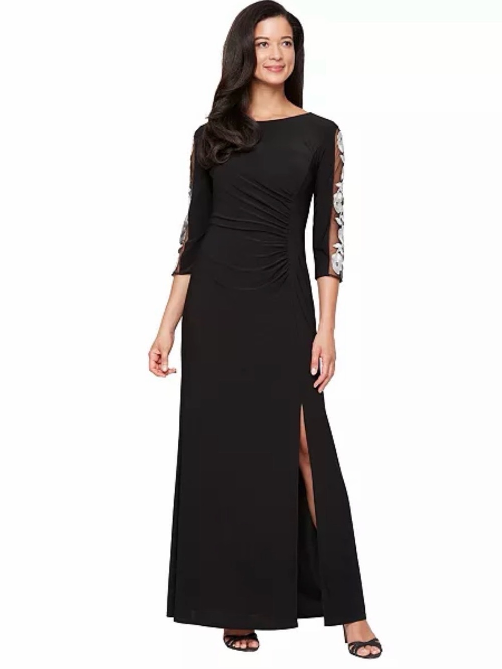 SL Fashions Long Matte Jersey Dress Black 4P Ruched Waist Embroidered Sleeve